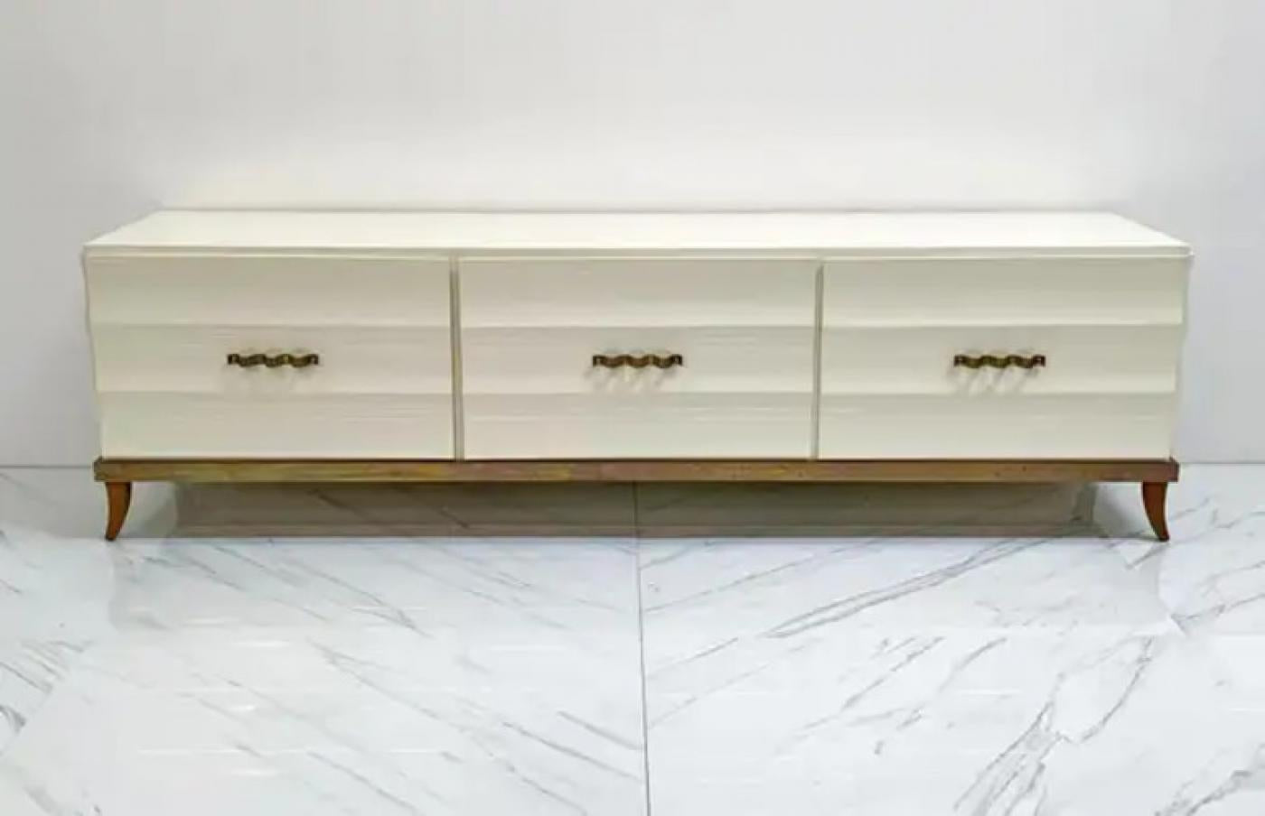 Monumental Ivory Lacquered and Aged Brass Credenza Style of Tommi Parzinger