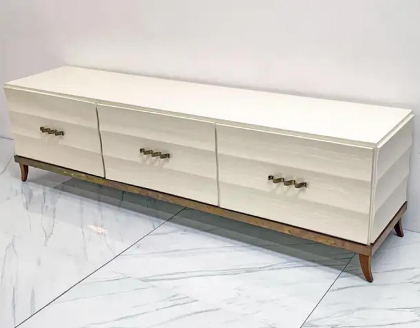 Monumental Ivory Lacquered and Aged Brass Credenza Style of Tommi Parzinger