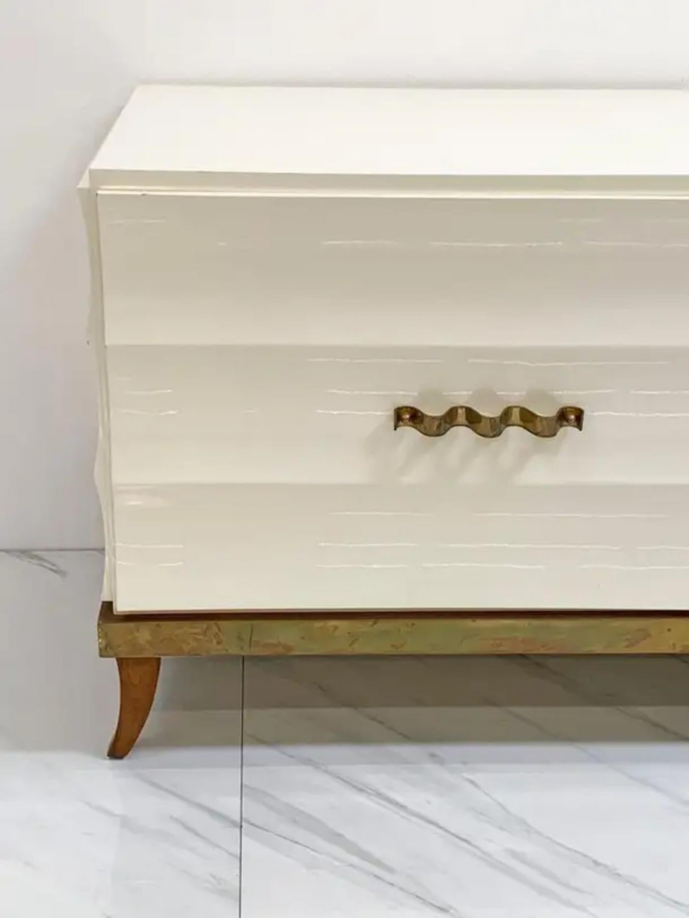 Monumental Ivory Lacquered and Aged Brass Credenza Style of Tommi Parzinger
