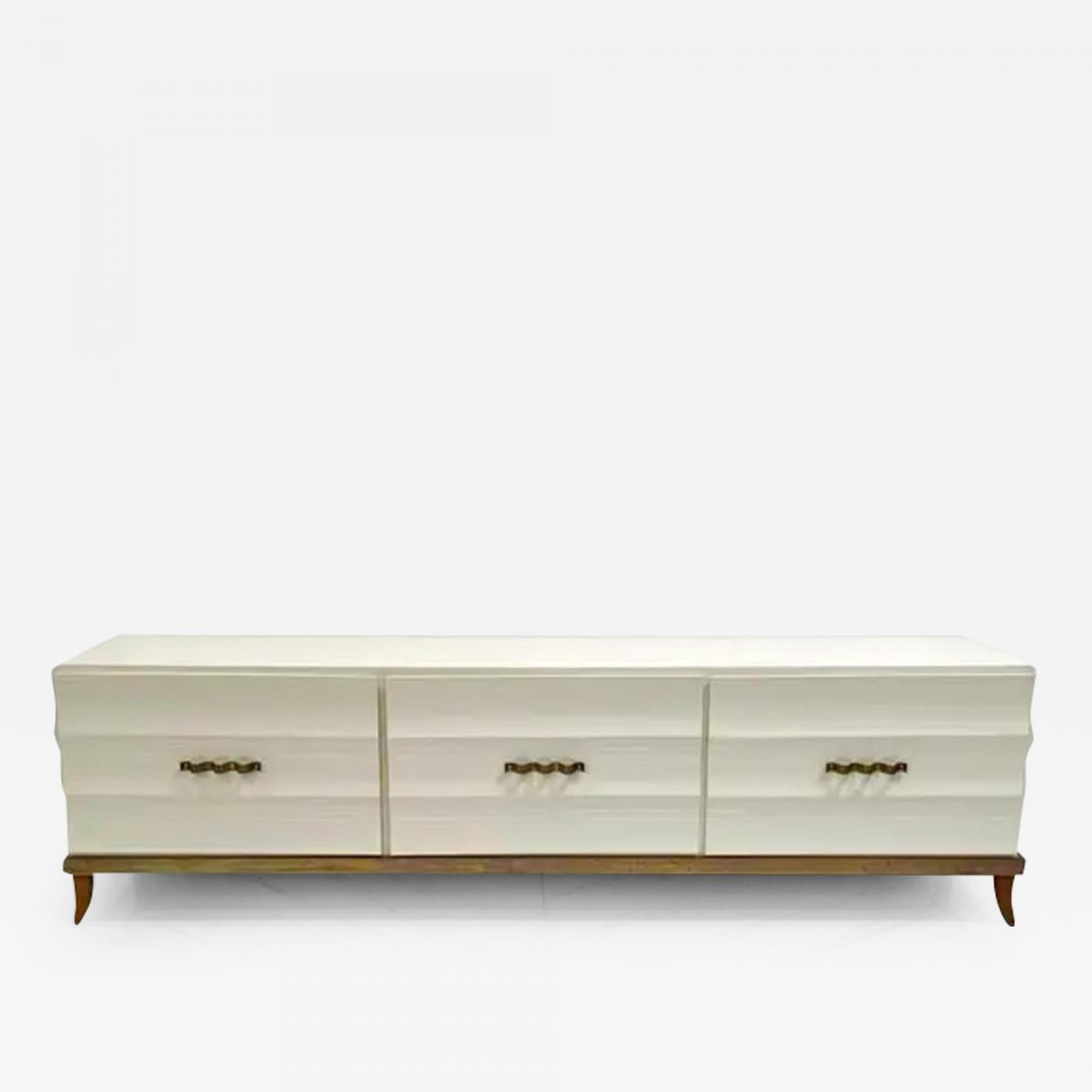 Monumental Ivory Lacquered and Aged Brass Credenza Style of Tommi Parzinger