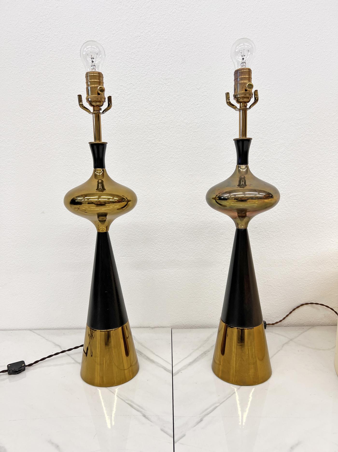Tony Paul for Westwood Brass & Ebonized Walnut Table Lamps, A Pair, 1950s