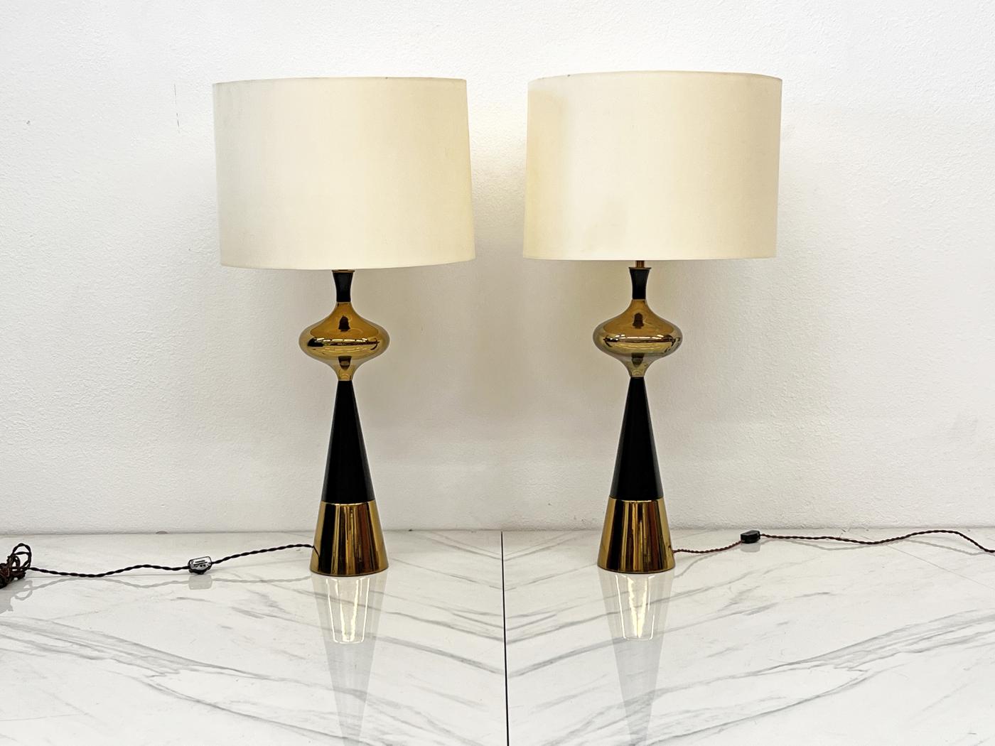 Tony Paul for Westwood Brass & Ebonized Walnut Table Lamps, A Pair, 1950s