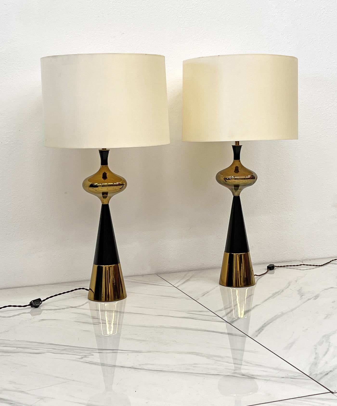 Tony Paul for Westwood Brass & Ebonized Walnut Table Lamps, A Pair, 1950s