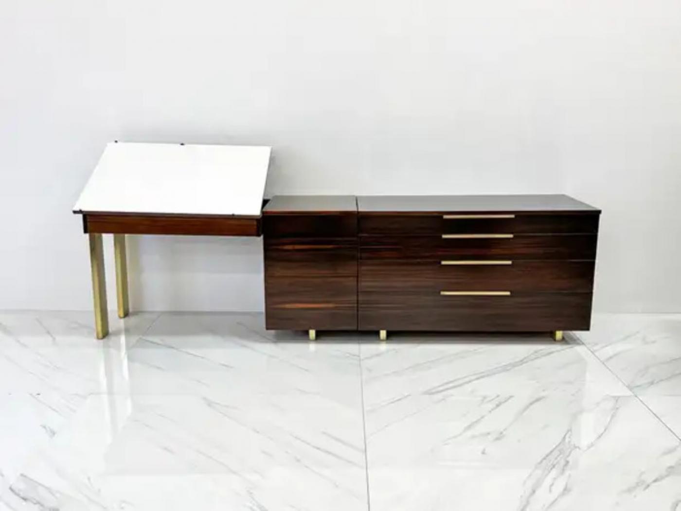 Important Vladimir Kagan Rosewood Brass Dresser, Desk Unit, 1950s