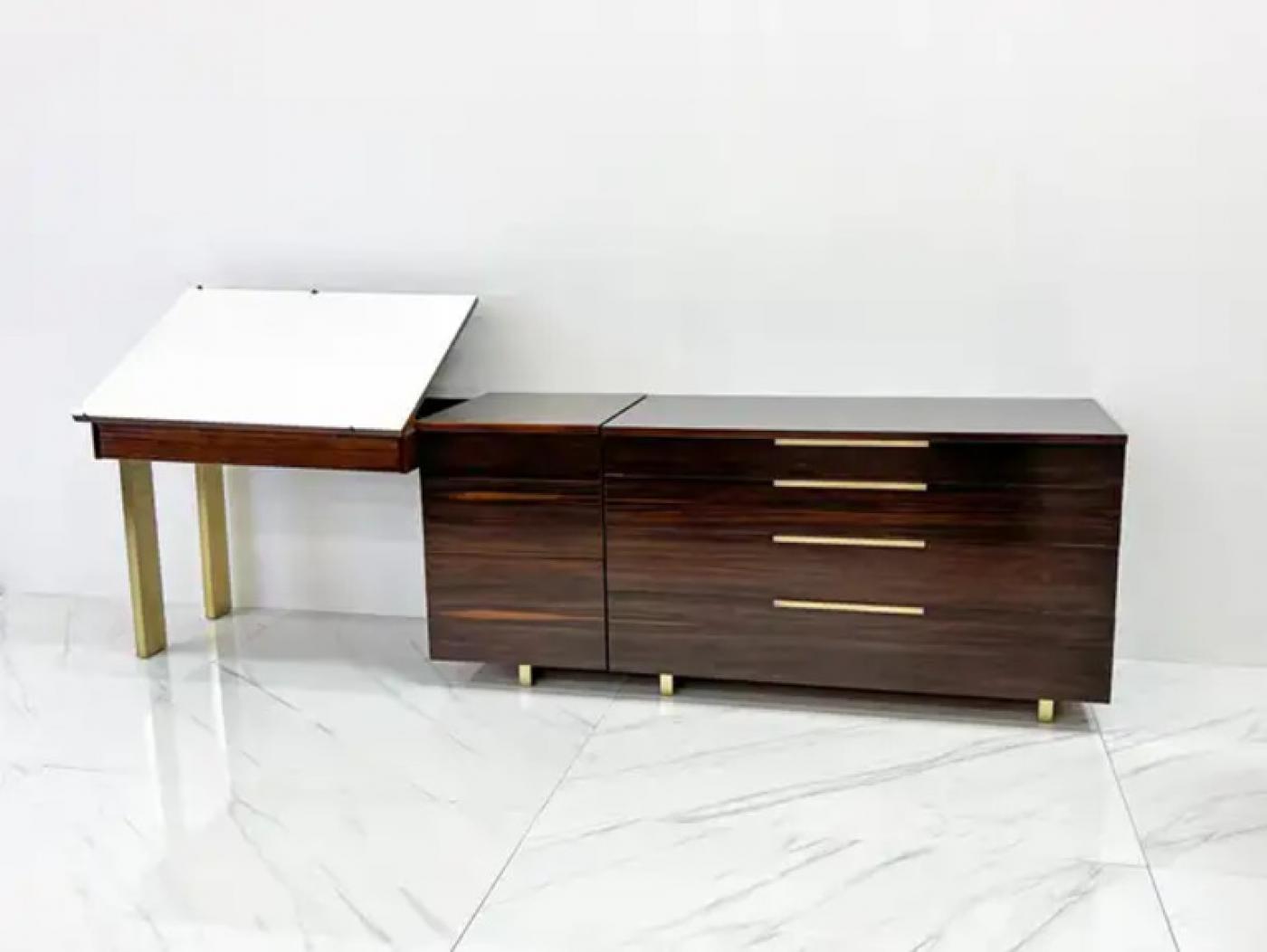 Important Vladimir Kagan Rosewood Brass Dresser, Desk Unit, 1950s