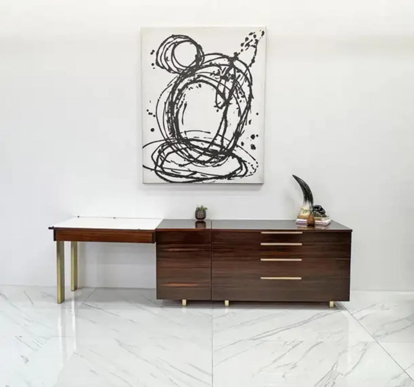 Important Vladimir Kagan Rosewood Brass Dresser, Desk Unit, 1950s
