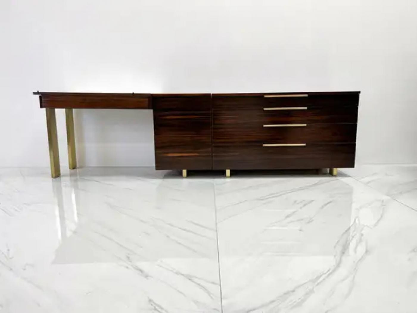 Important Vladimir Kagan Rosewood Brass Dresser, Desk Unit, 1950s