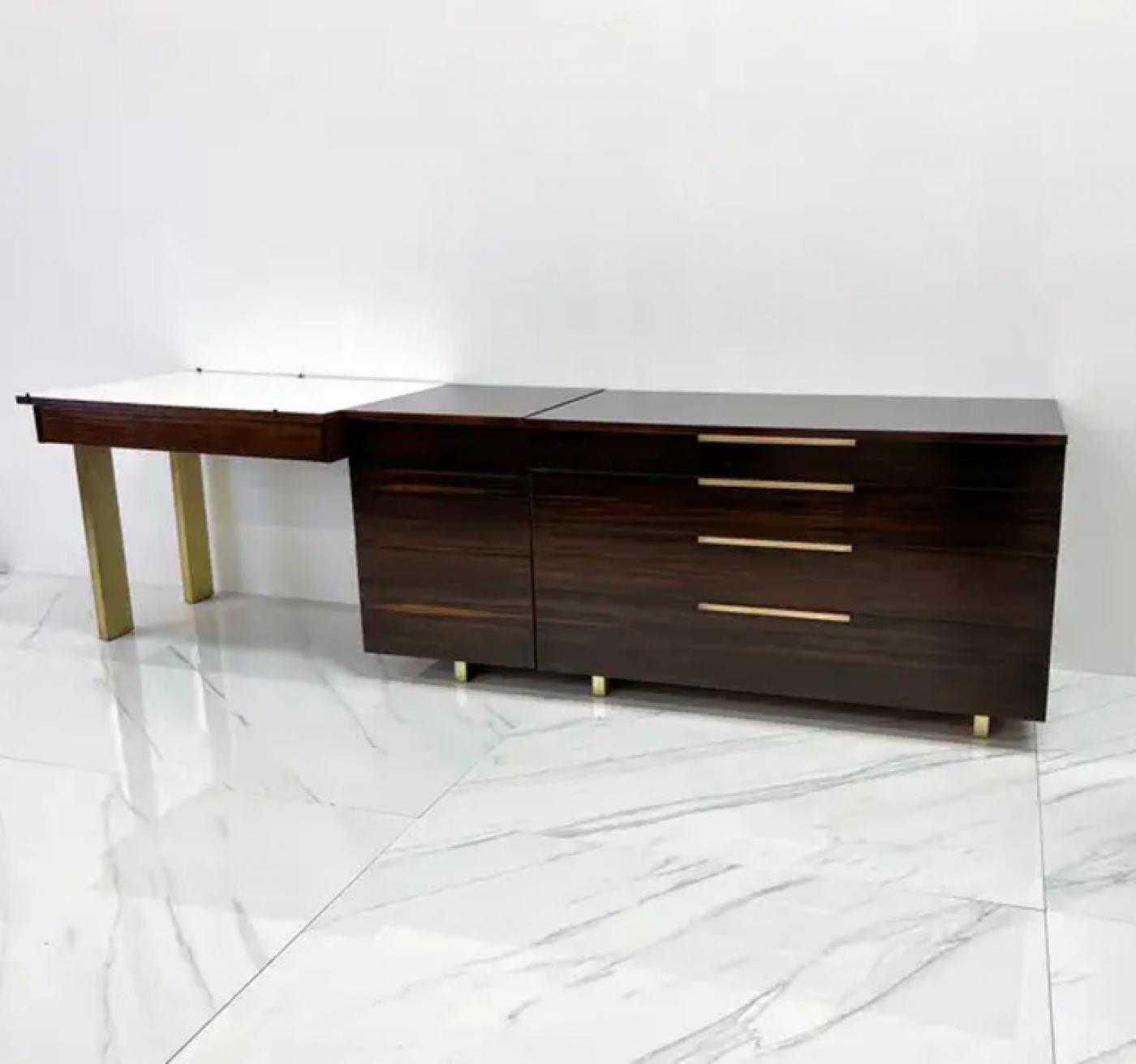 Important Vladimir Kagan Rosewood Brass Dresser, Desk Unit, 1950s