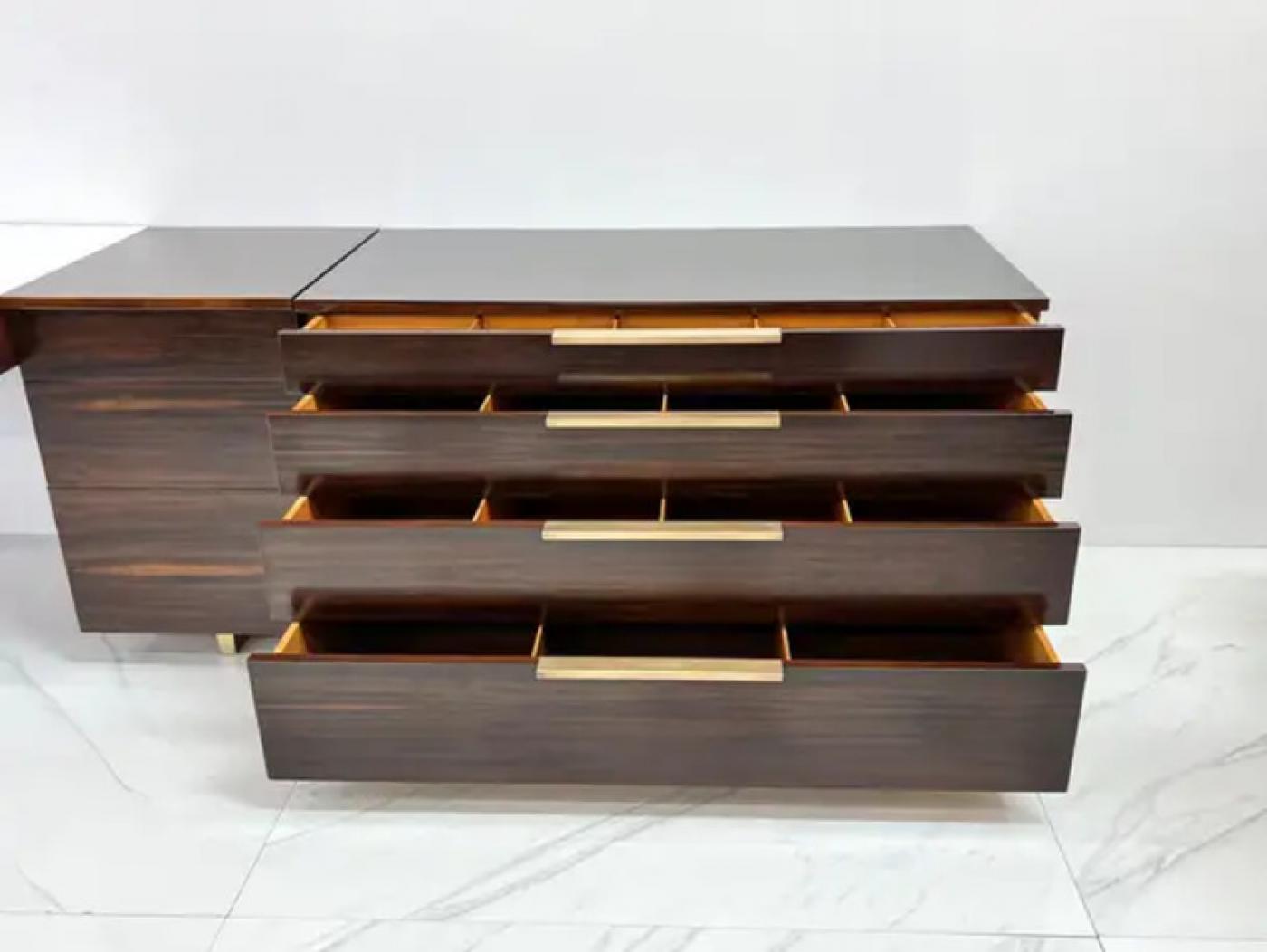 Important Vladimir Kagan Rosewood Brass Dresser, Desk Unit, 1950s