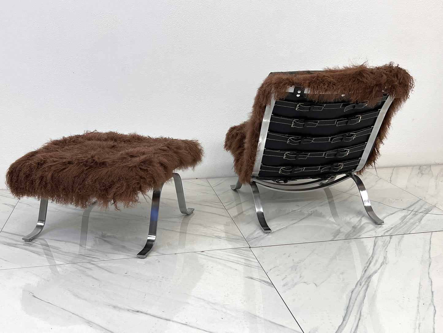 Arne Norell Ari Chair + Ottoman in Chocolate Mongolian Sheepskin, 1970's, Sweden