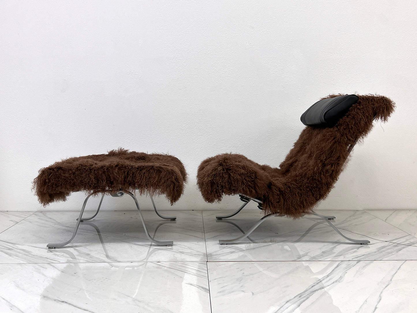 Arne Norell Ari Chair + Ottoman in Chocolate Mongolian Sheepskin, 1970's, Sweden