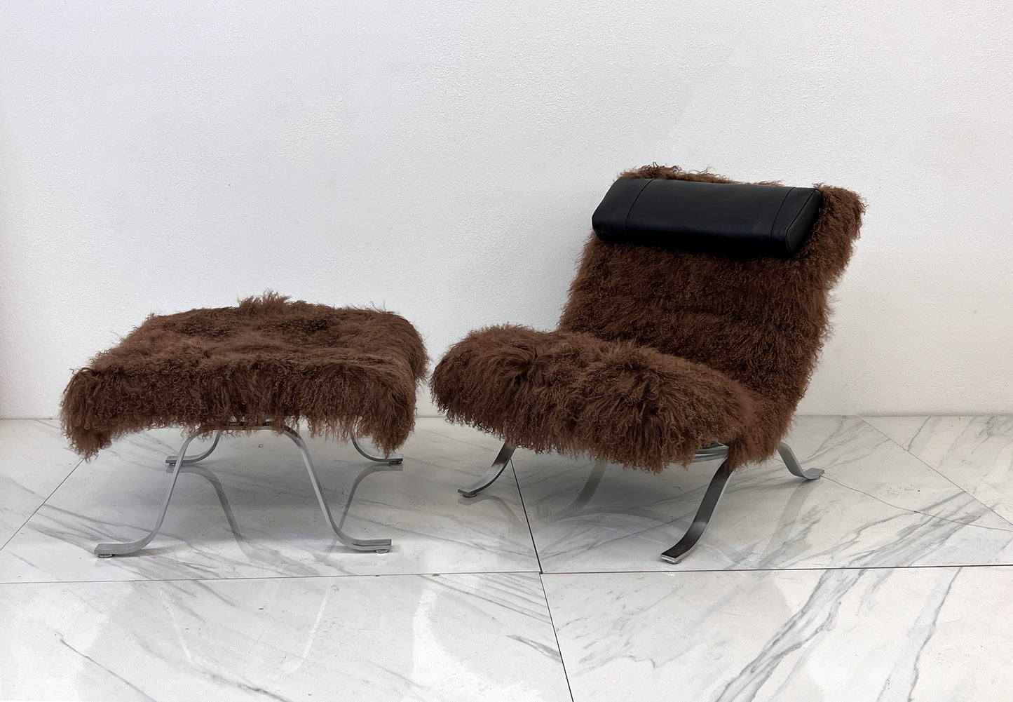 Arne Norell Ari Chair + Ottoman in Chocolate Mongolian Sheepskin, 1970's, Sweden