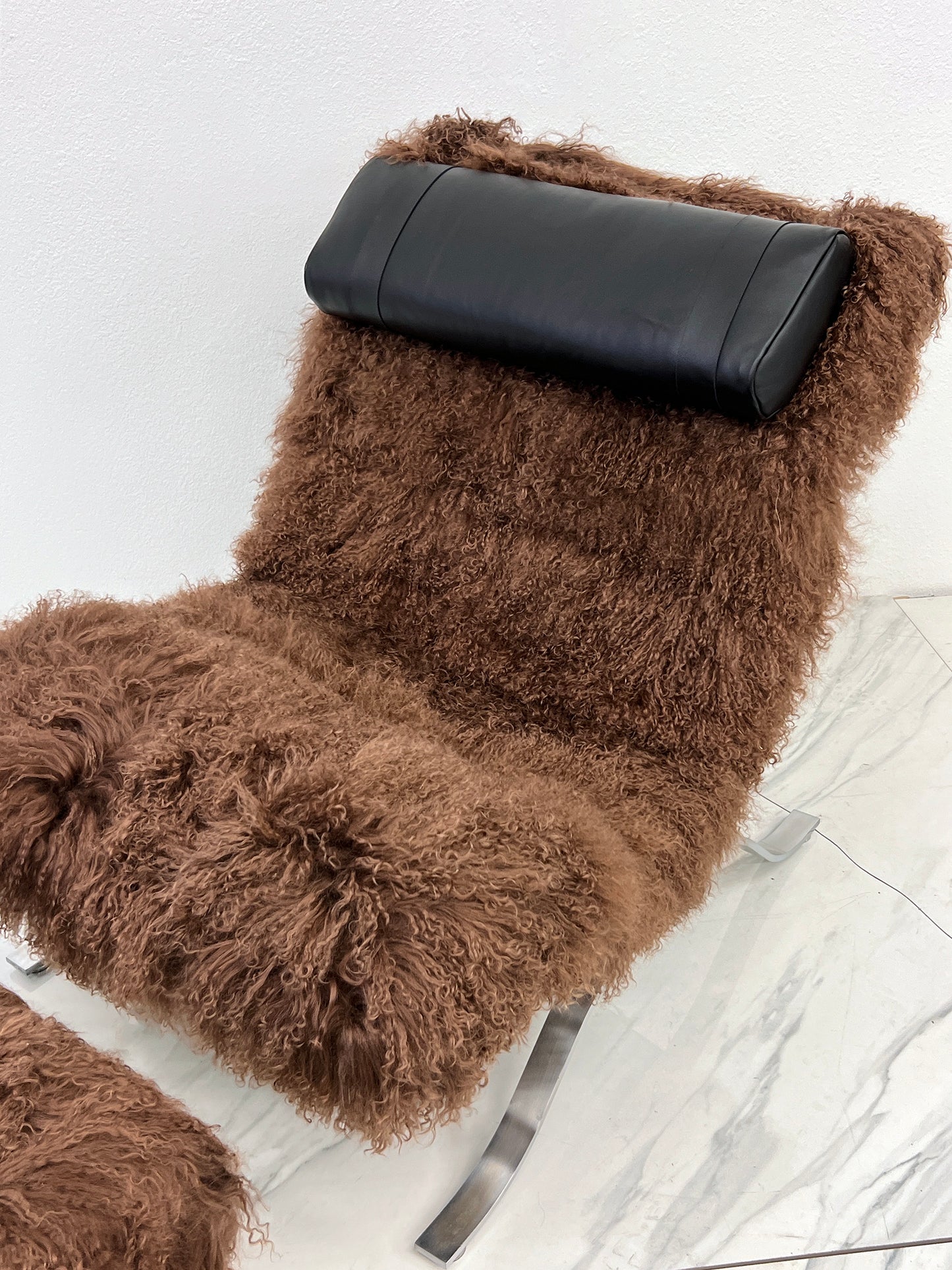 Arne Norell Ari Chair + Ottoman in Chocolate Mongolian Sheepskin, 1970's, Sweden