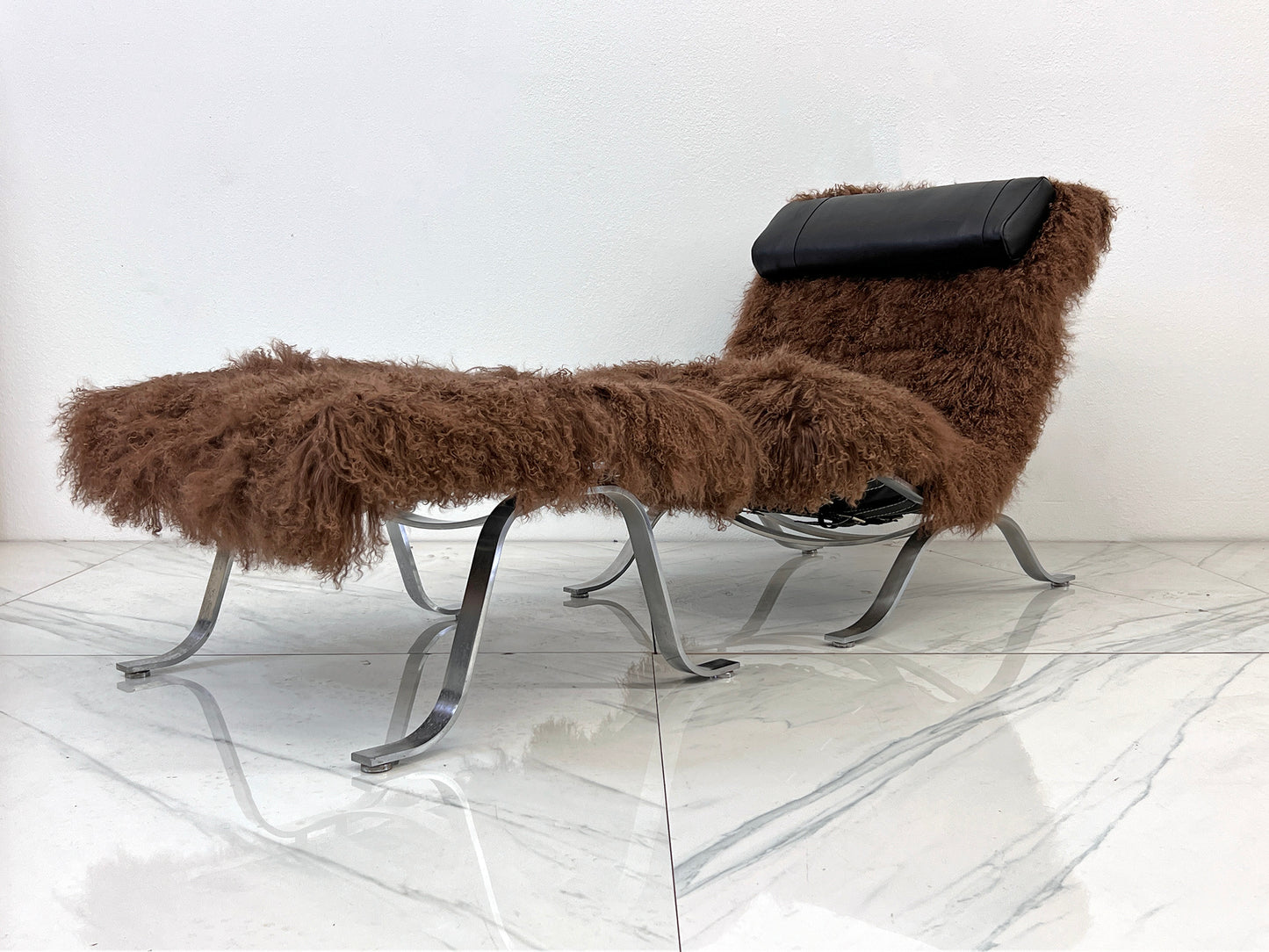 Arne Norell Ari Chair + Ottoman in Chocolate Mongolian Sheepskin, 1970's, Sweden