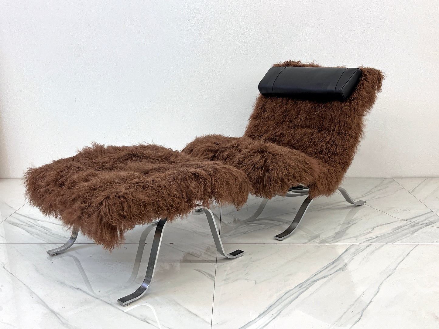 Arne Norell Ari Chair + Ottoman in Chocolate Mongolian Sheepskin, 1970's, Sweden