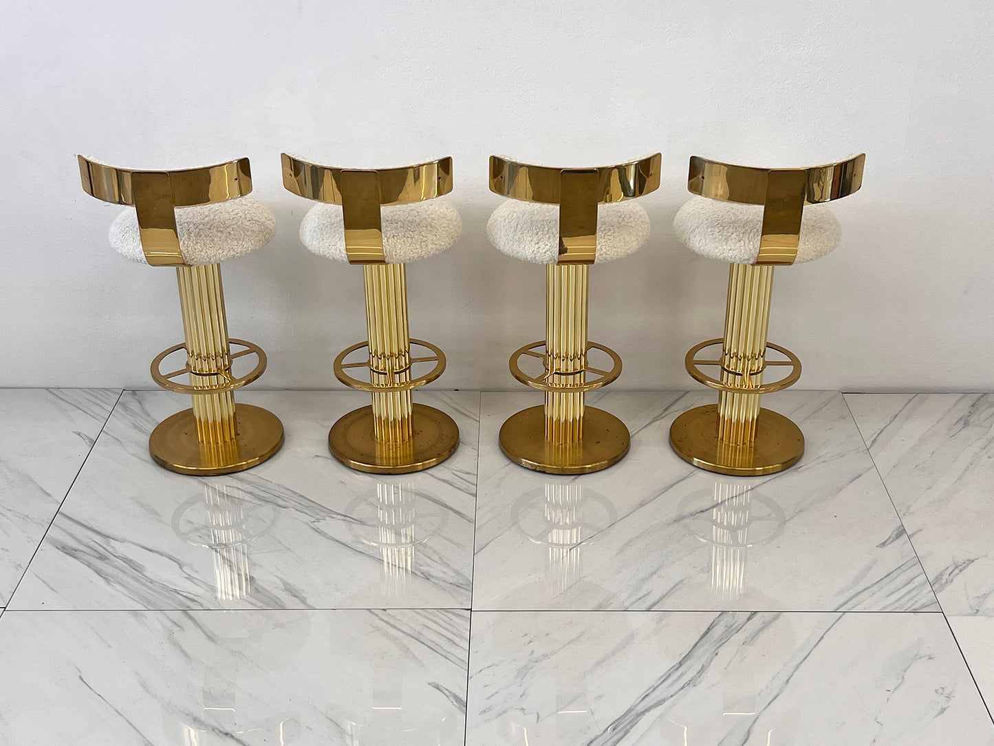 Designs For Leisure set of 4 Brass Barstools, Ivory Boucle, Signed, 1987