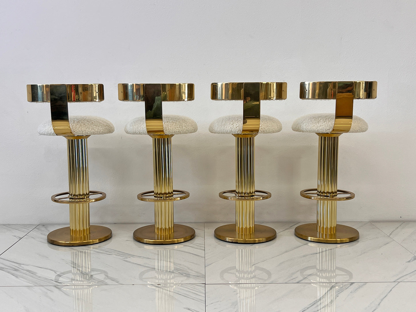Designs For Leisure set of 4 Brass Barstools, Ivory Boucle, Signed, 1987