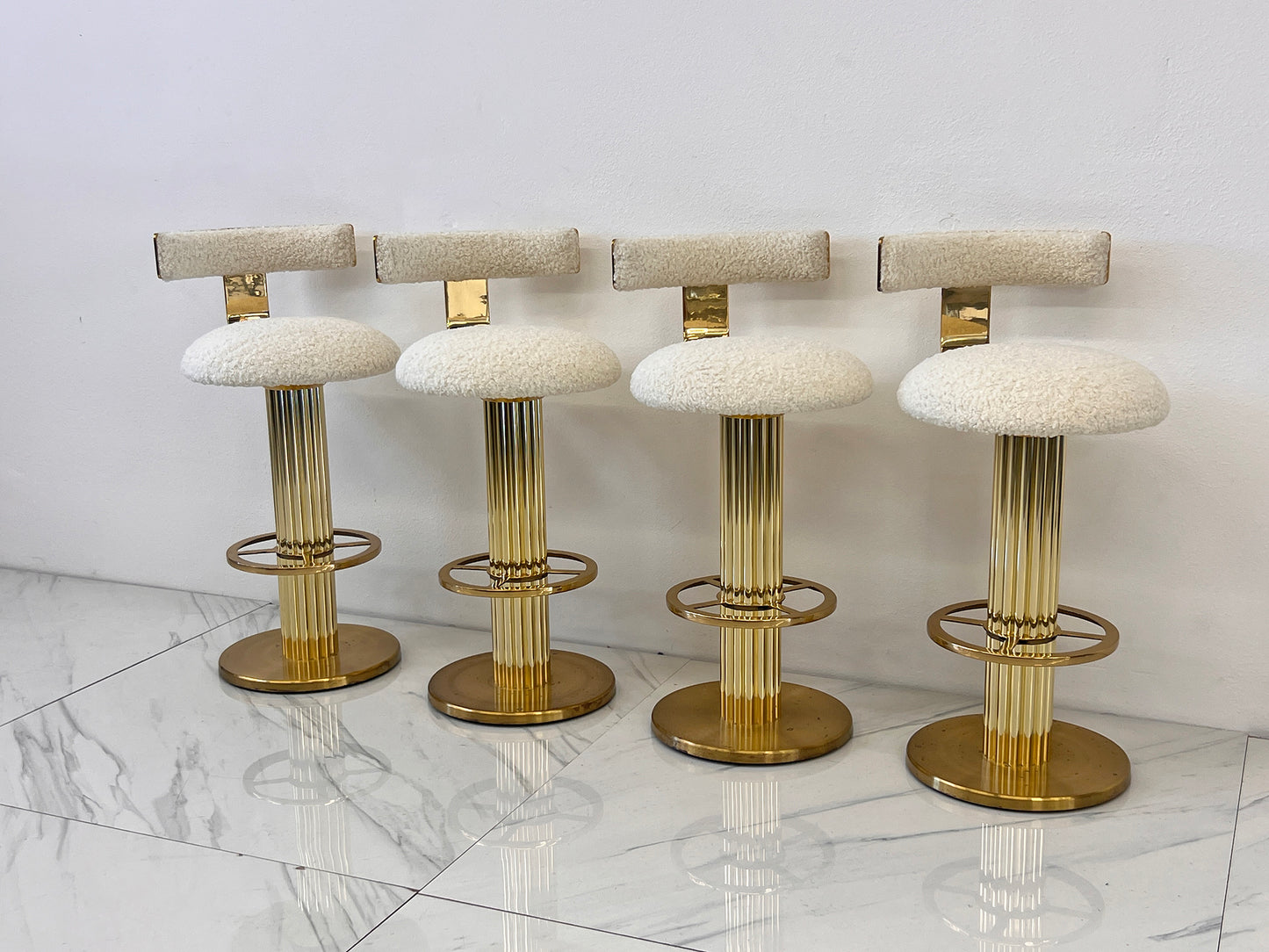 Designs For Leisure set of 4 Brass Barstools, Ivory Boucle, Signed, 1987