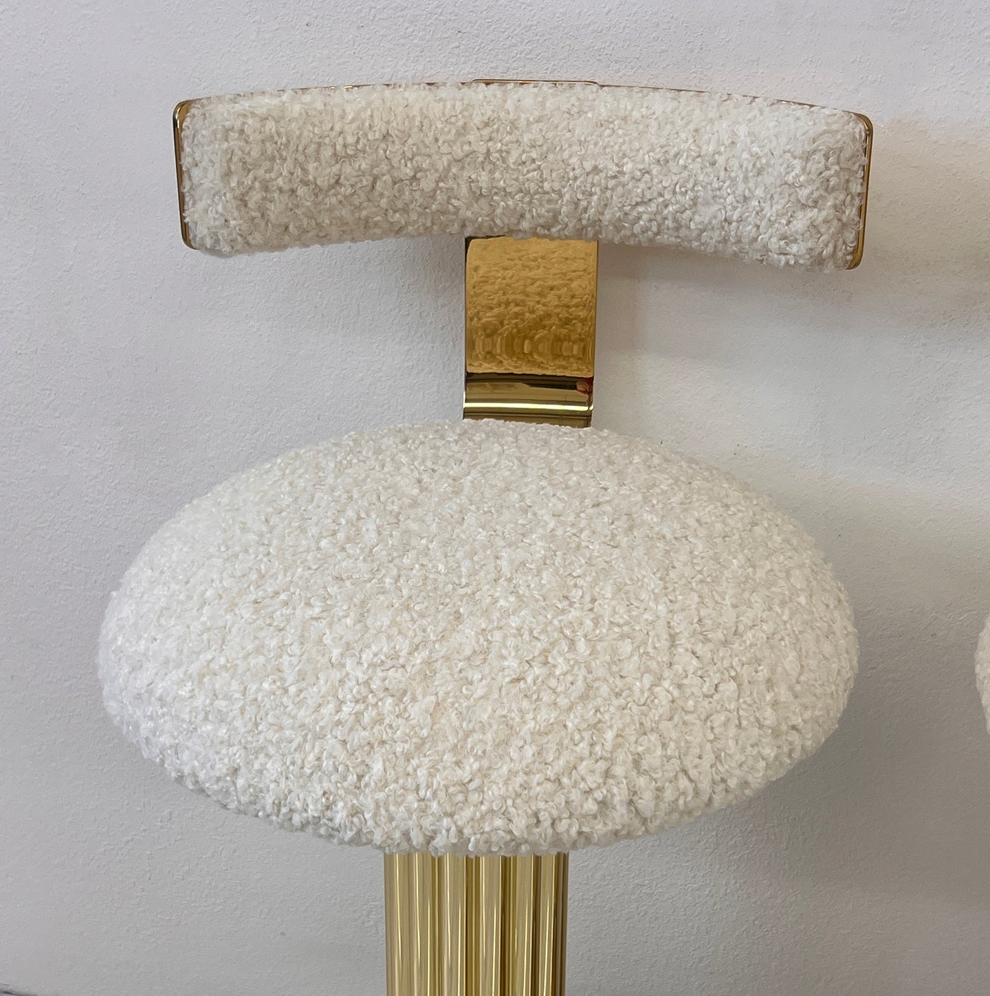 Designs For Leisure set of 4 Brass Barstools, Ivory Boucle, Signed, 1987