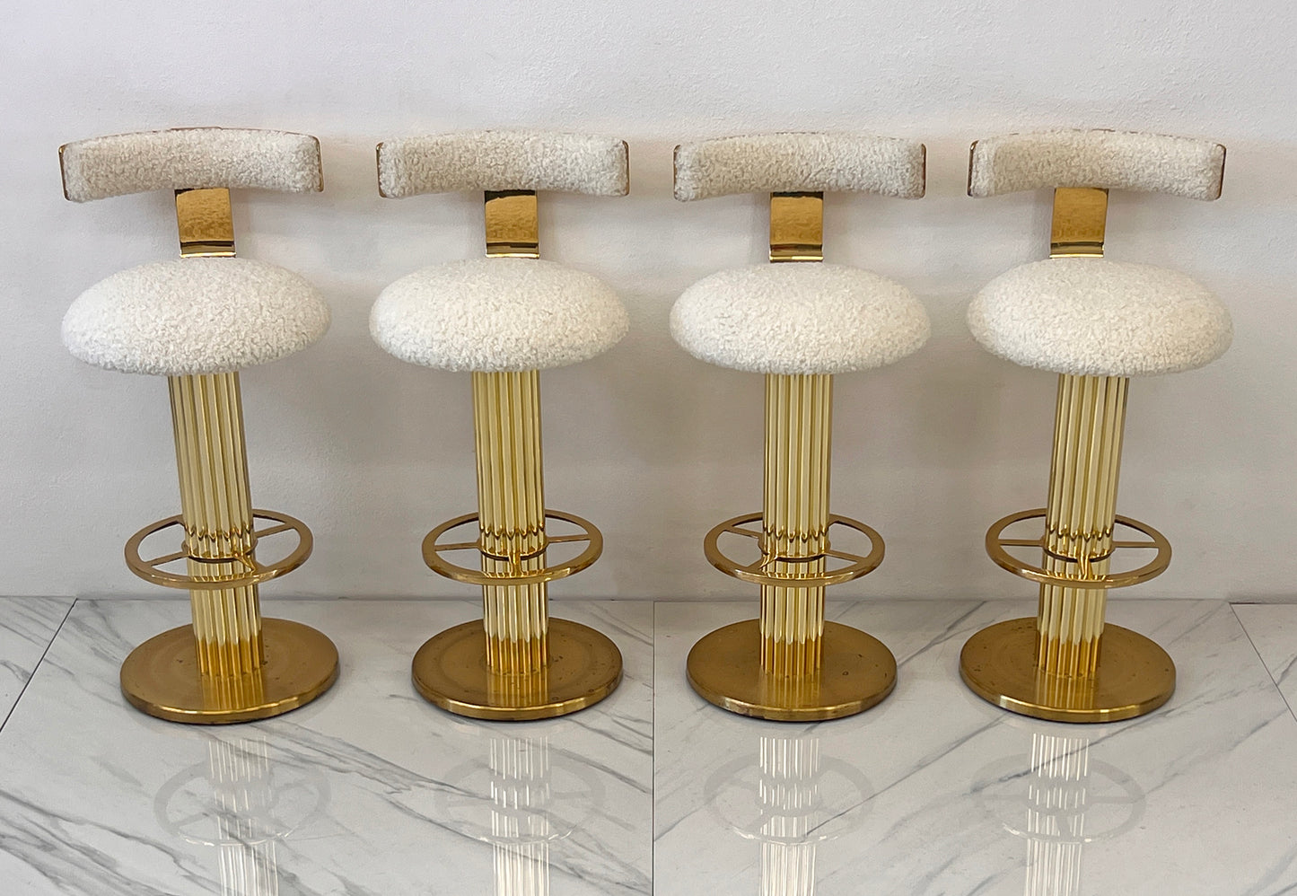 Designs For Leisure set of 4 Brass Barstools, Ivory Boucle, Signed, 1987