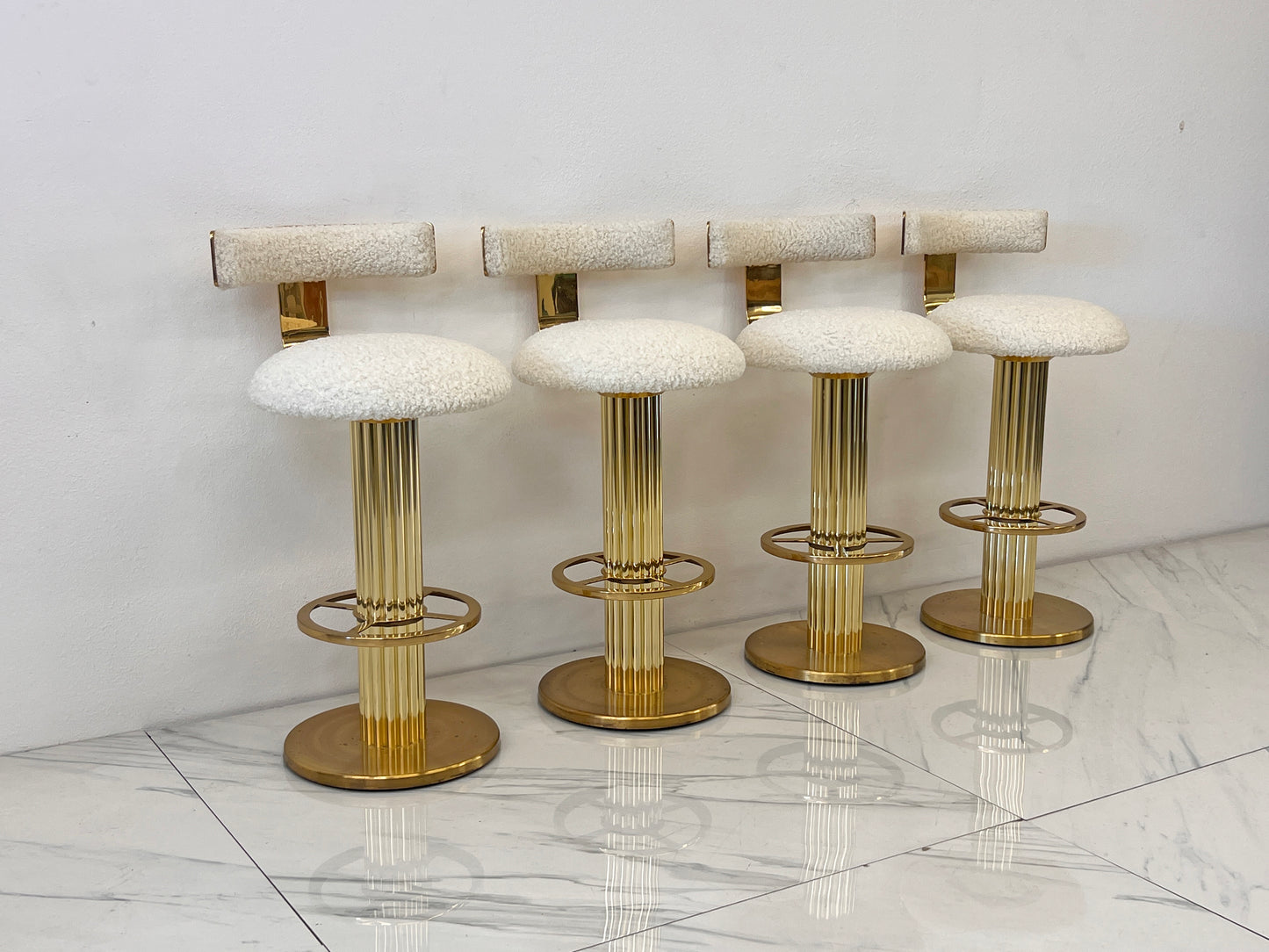 Designs For Leisure set of 4 Brass Barstools, Ivory Boucle, Signed, 1987