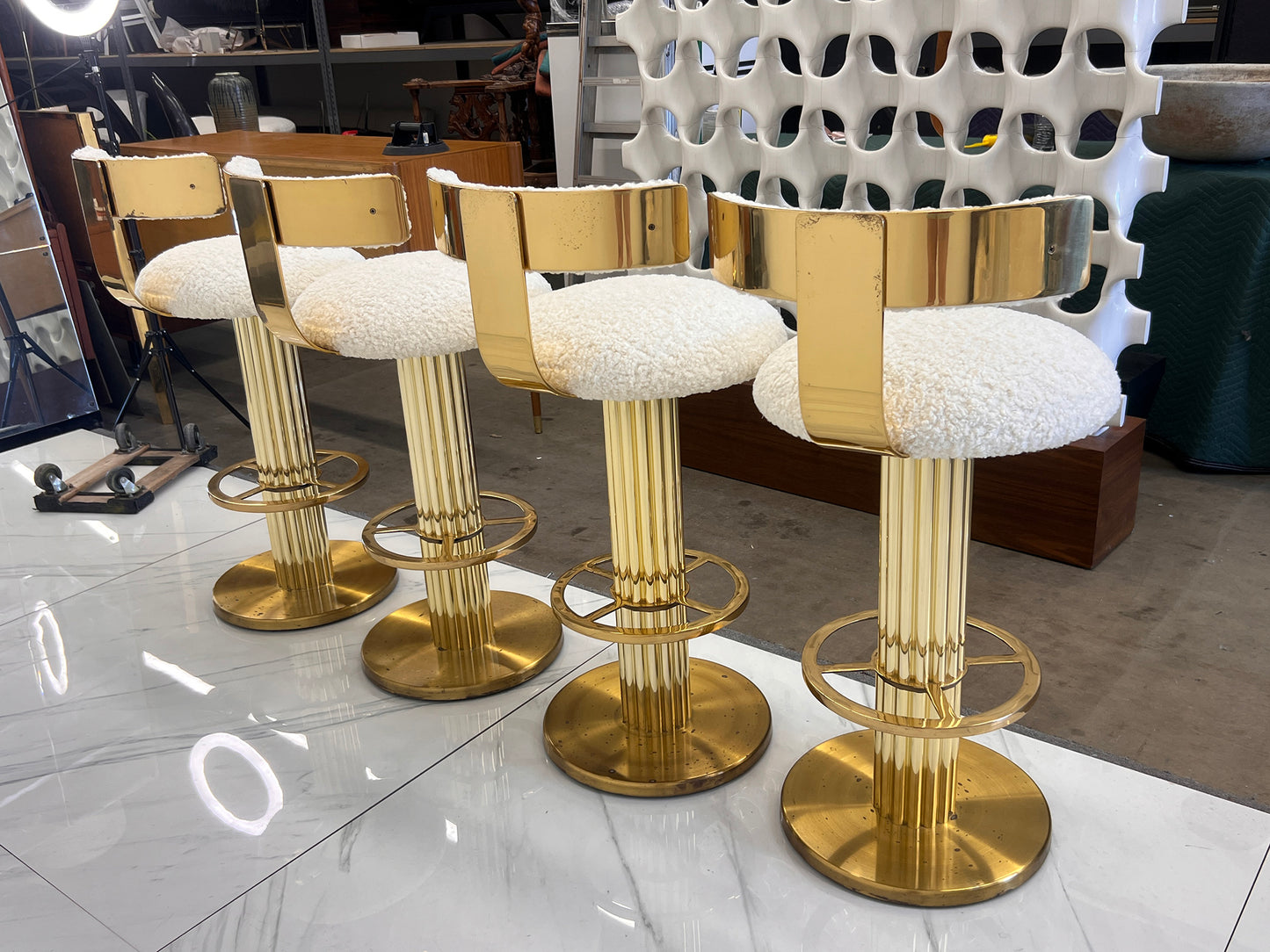 Designs For Leisure set of 4 Brass Barstools, Ivory Boucle, Signed, 1987