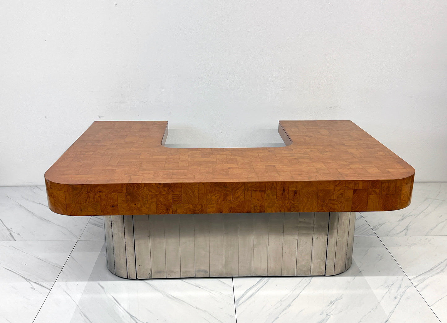 Paul Evans Patchwork Burl and Steel Cityscape Executive Desk, 1970's