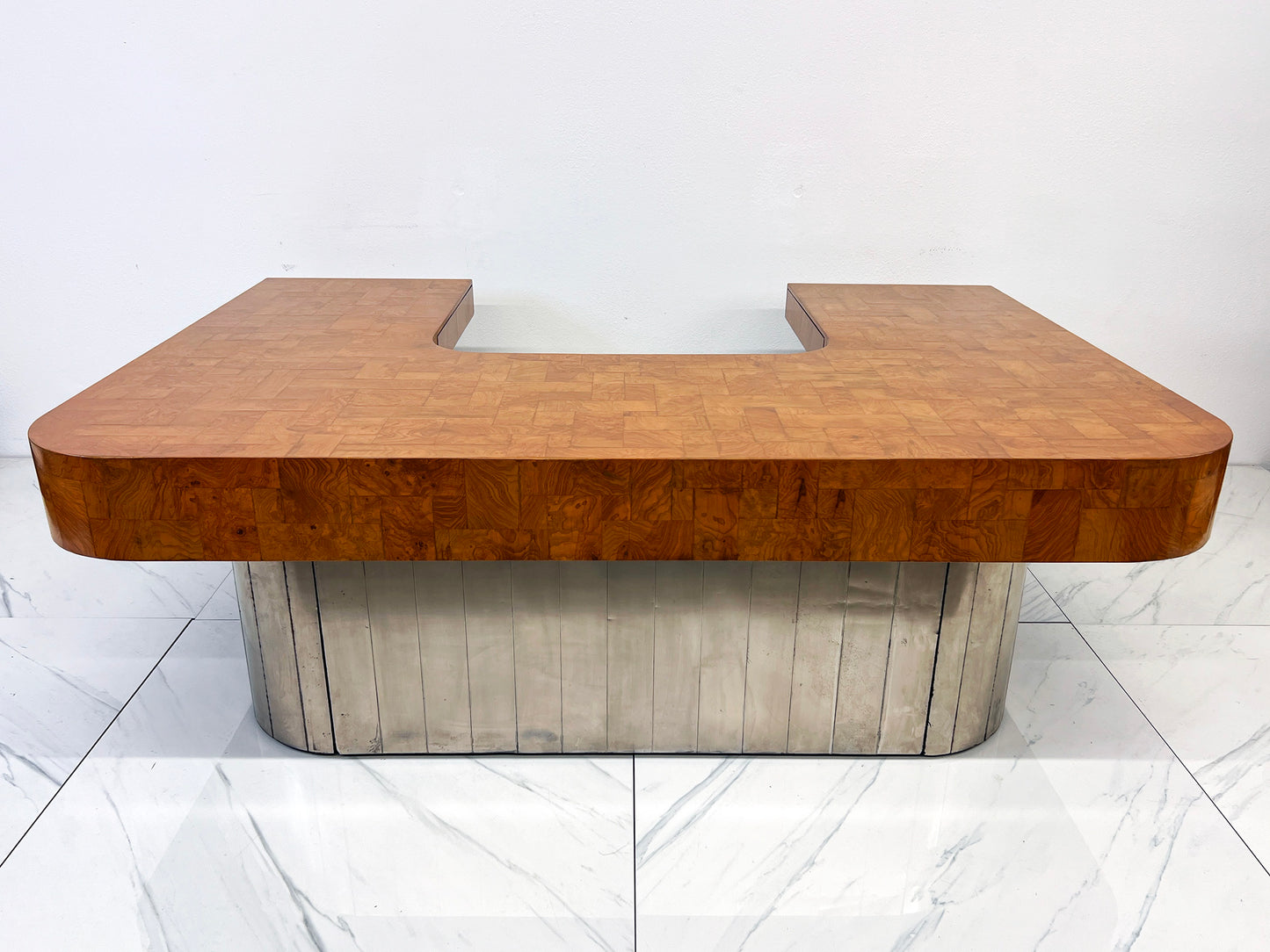 Paul Evans Patchwork Burl and Steel Cityscape Executive Desk, 1970's