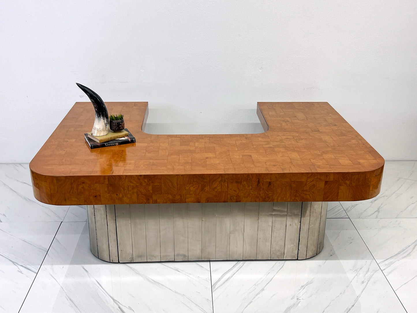 Paul Evans Patchwork Burl and Steel Cityscape Executive Desk, 1970's