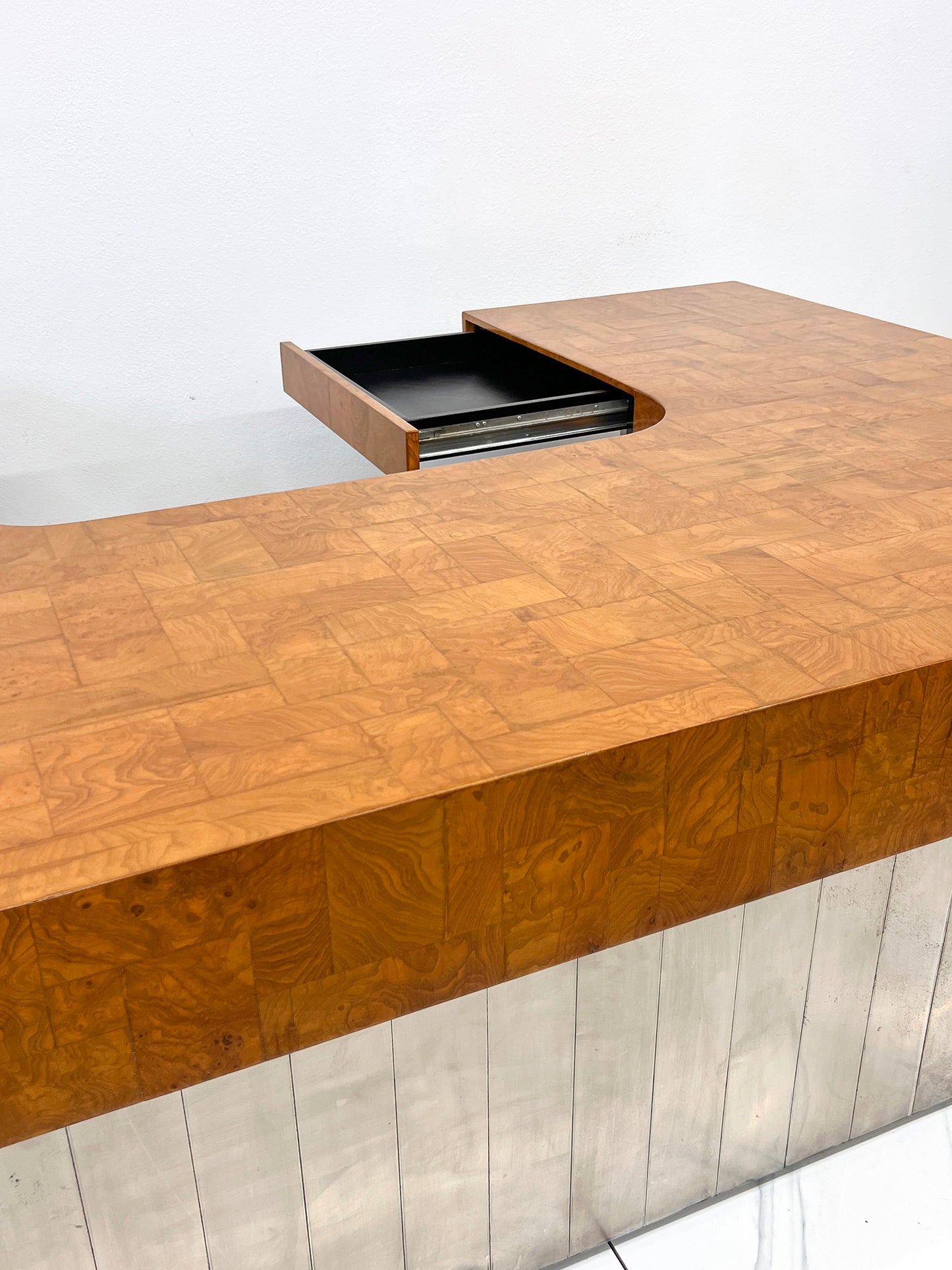 Paul Evans Patchwork Burl and Steel Cityscape Executive Desk, 1970's