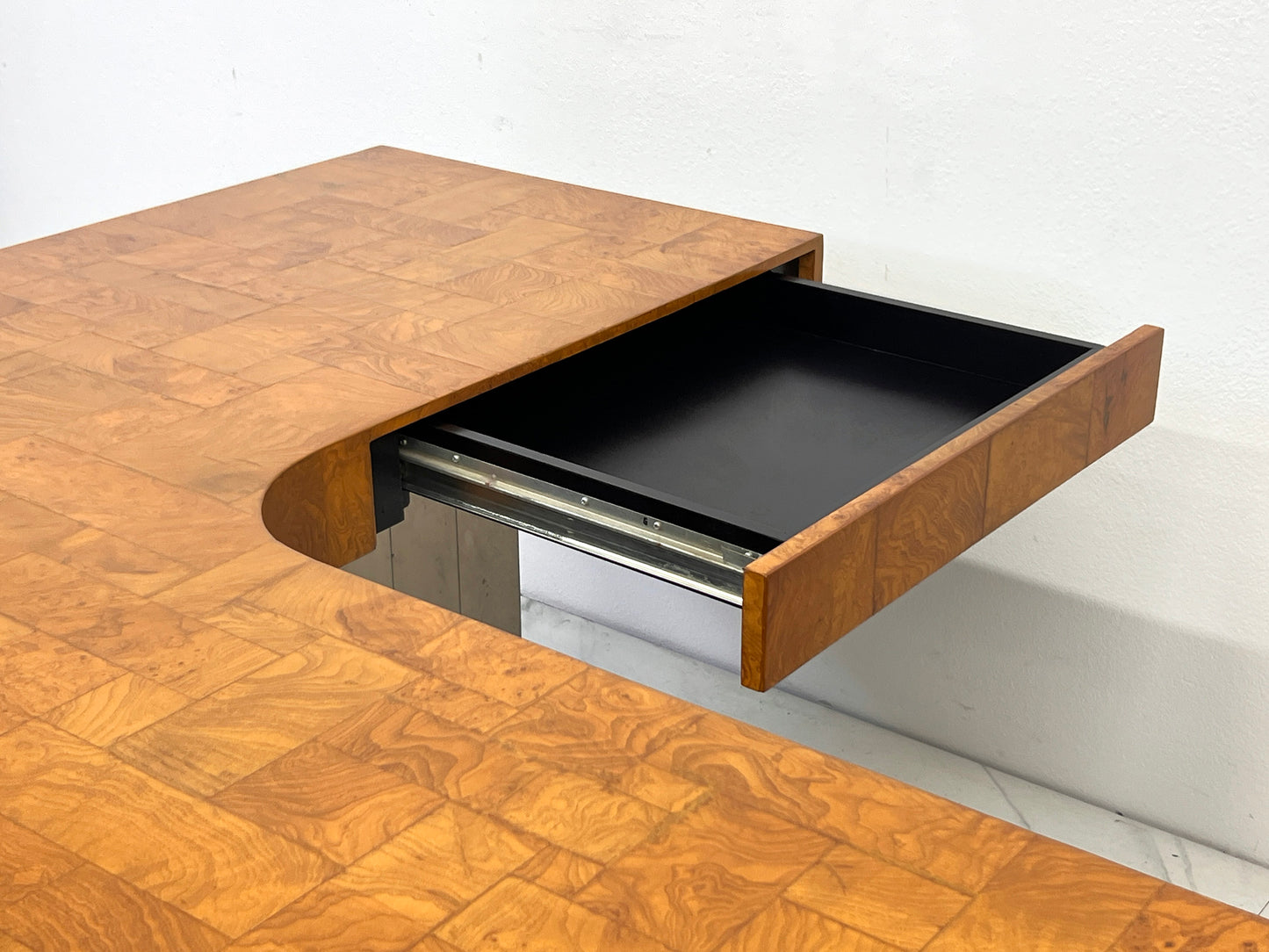Paul Evans Patchwork Burl and Steel Cityscape Executive Desk, 1970's