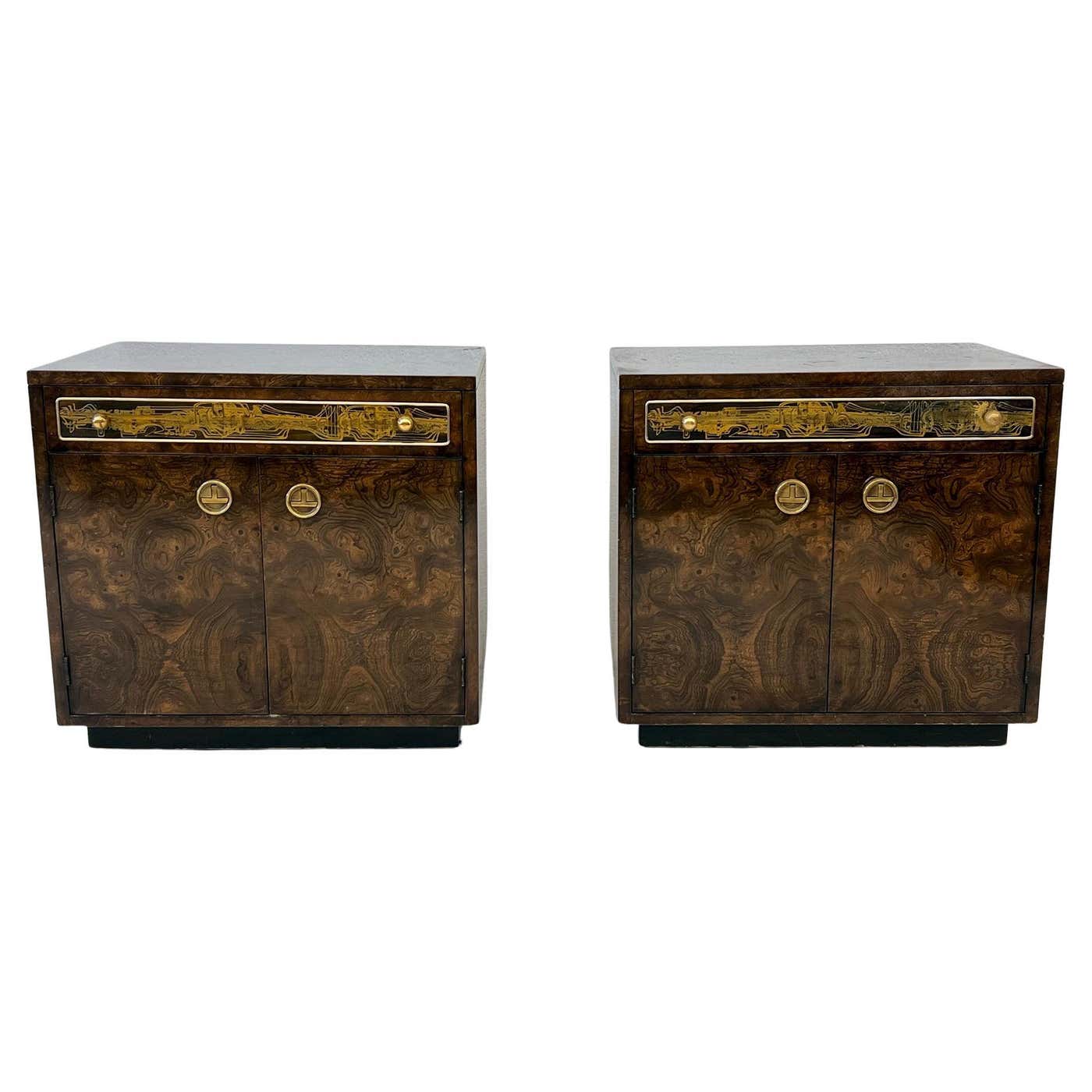 Bernhard Rohne Mastercraft Burl and Acid Etched Brass Nightstands, 1970's