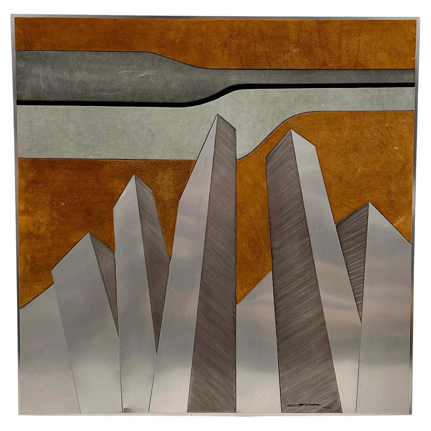 Mid Century Modern Mixed Media Large Scale Cityscape Artwork in Suede and Steel