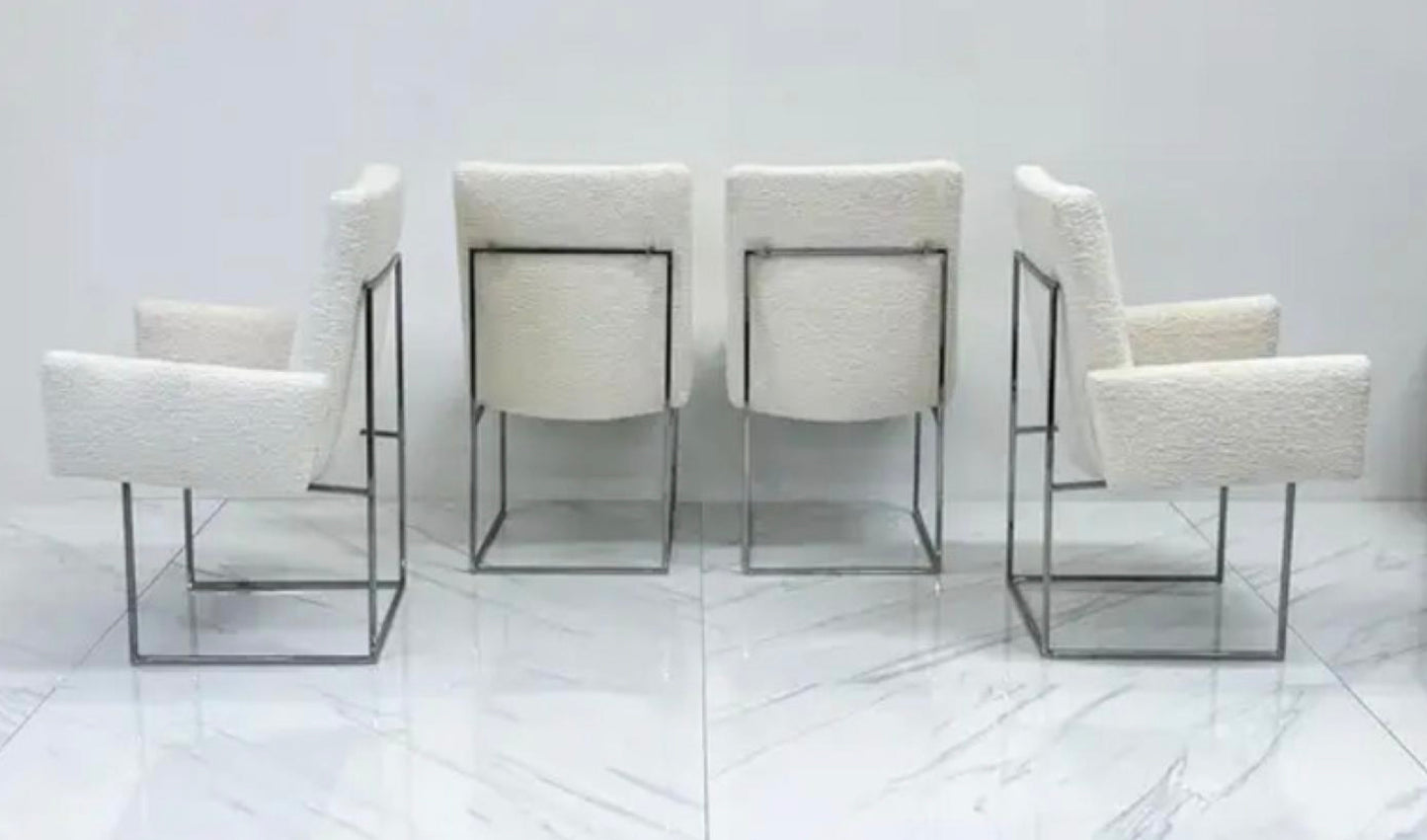 Set of 4 Milo Baughman Thin Line Dining Chairs in Ivory Boucle, 1970s