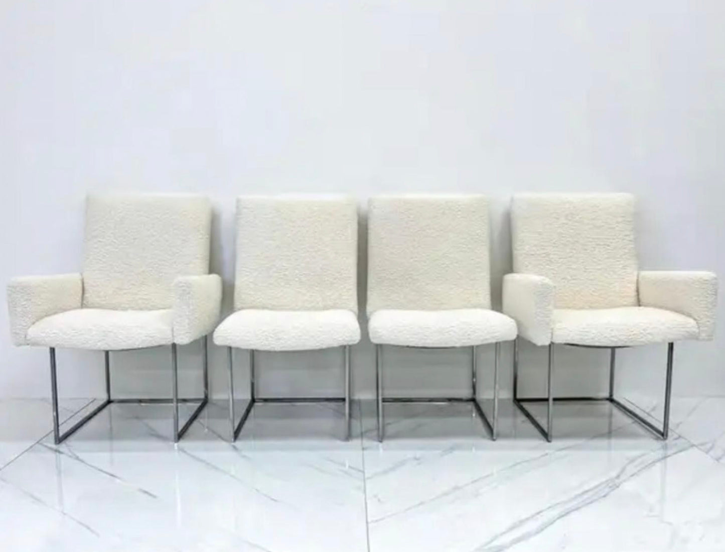 Set of 4 Milo Baughman Thin Line Dining Chairs in Ivory Boucle, 1970s