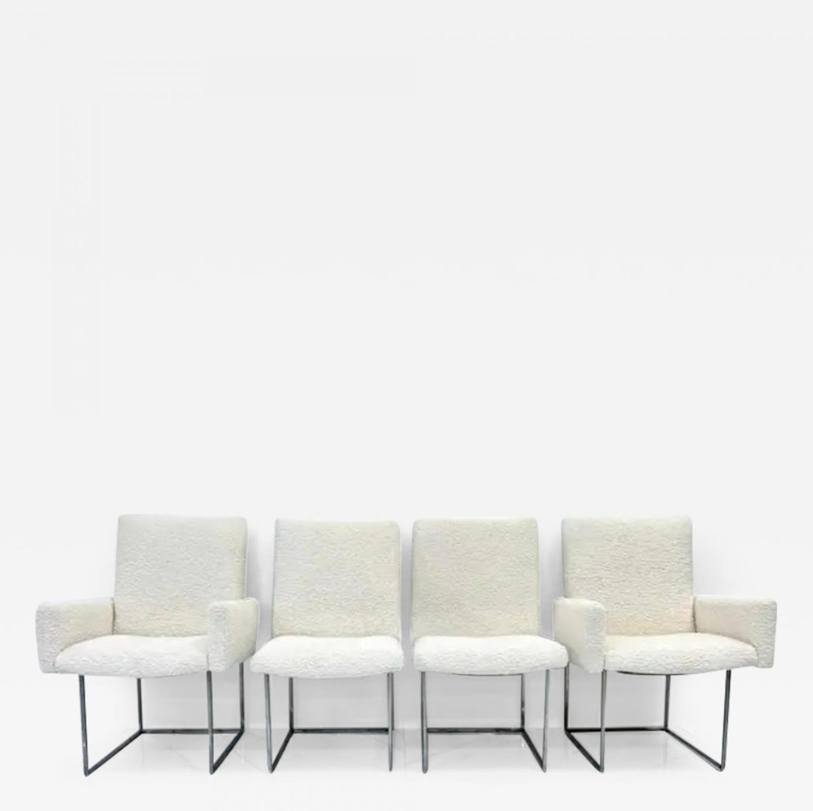 Set of 4 Milo Baughman Thin Line Dining Chairs in Ivory Boucle, 1970s