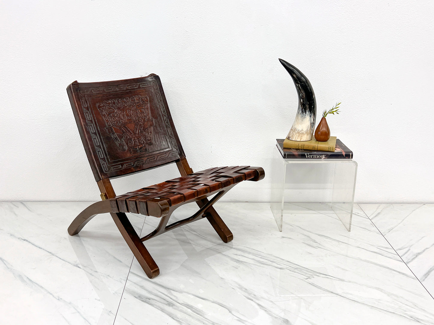 Angel Pazmiño "Butterfly" Folding Chair, Tooled Leather and Mahogany, 1960's