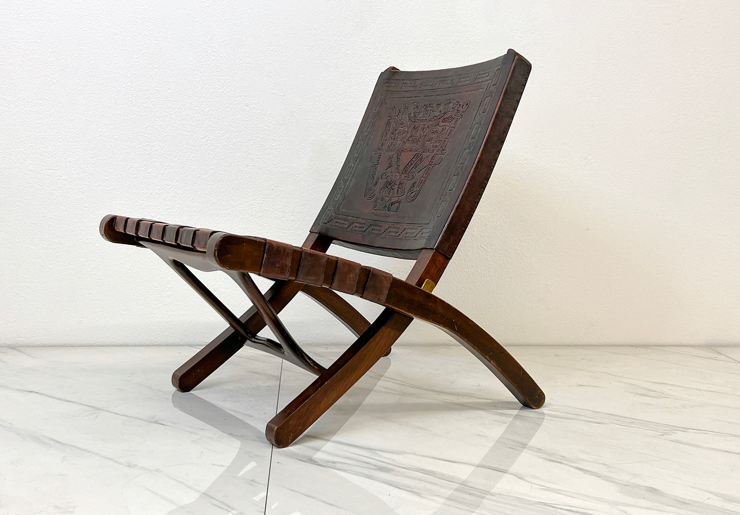 Angel Pazmiño "Butterfly" Folding Chair, Tooled Leather and Mahogany, 1960's