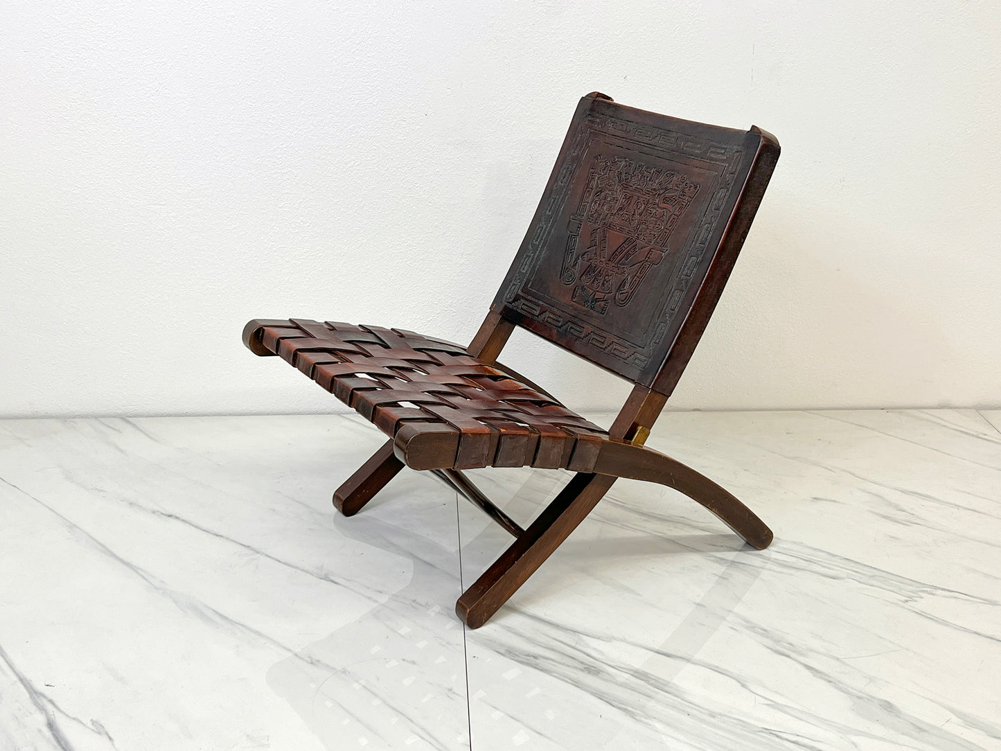 Angel Pazmiño "Butterfly" Folding Chair, Tooled Leather and Mahogany, 1960's