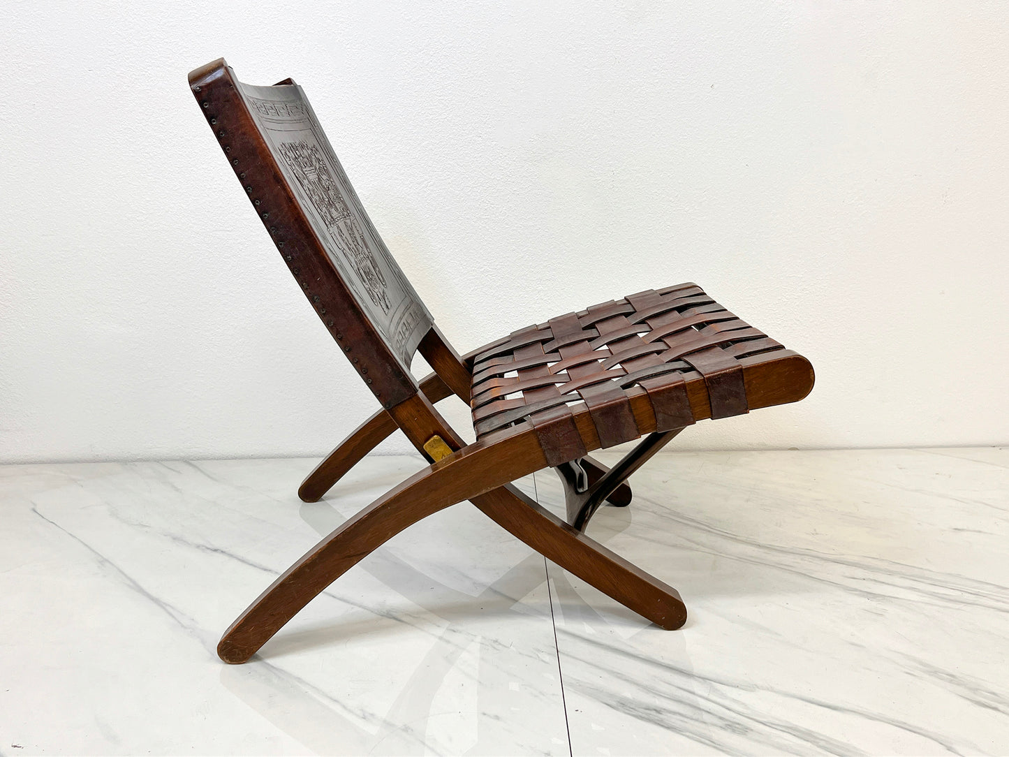 Angel Pazmiño "Butterfly" Folding Chair, Tooled Leather and Mahogany, 1960's