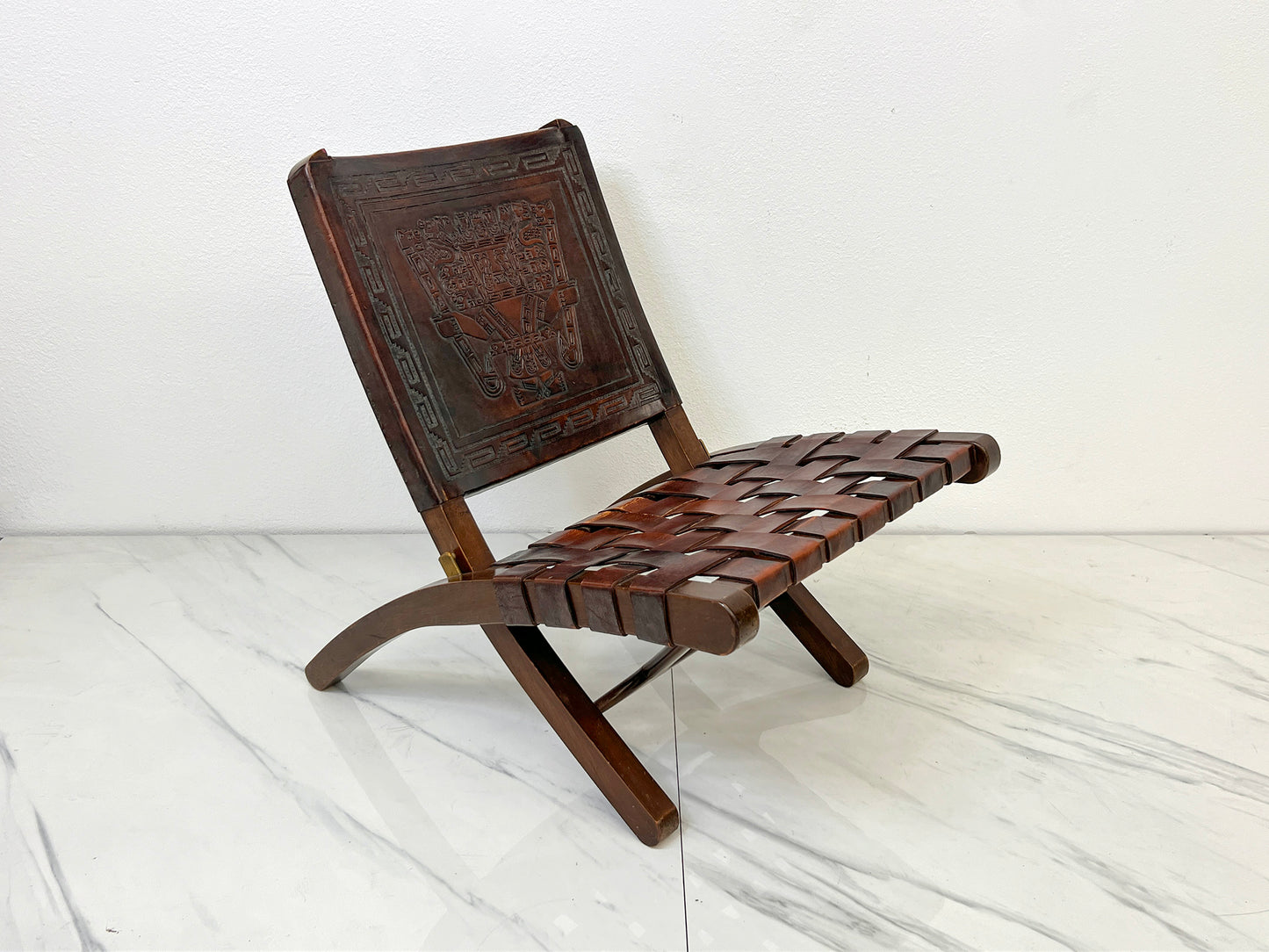 Angel Pazmiño "Butterfly" Folding Chair, Tooled Leather and Mahogany, 1960's
