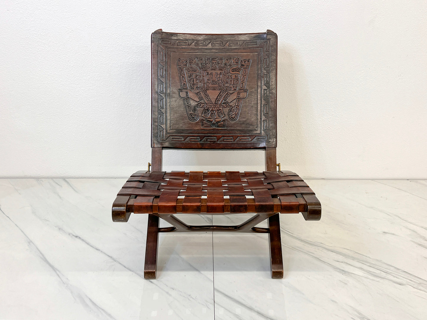 Angel Pazmiño "Butterfly" Folding Chair, Tooled Leather and Mahogany, 1960's