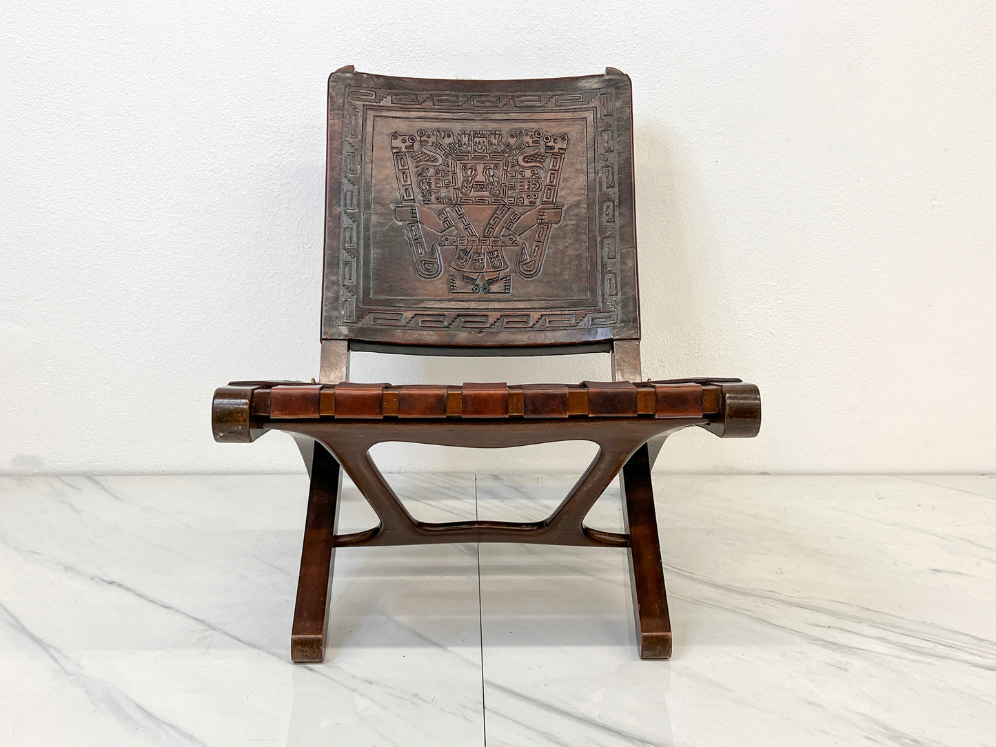 Angel Pazmiño "Butterfly" Folding Chair, Tooled Leather and Mahogany, 1960's