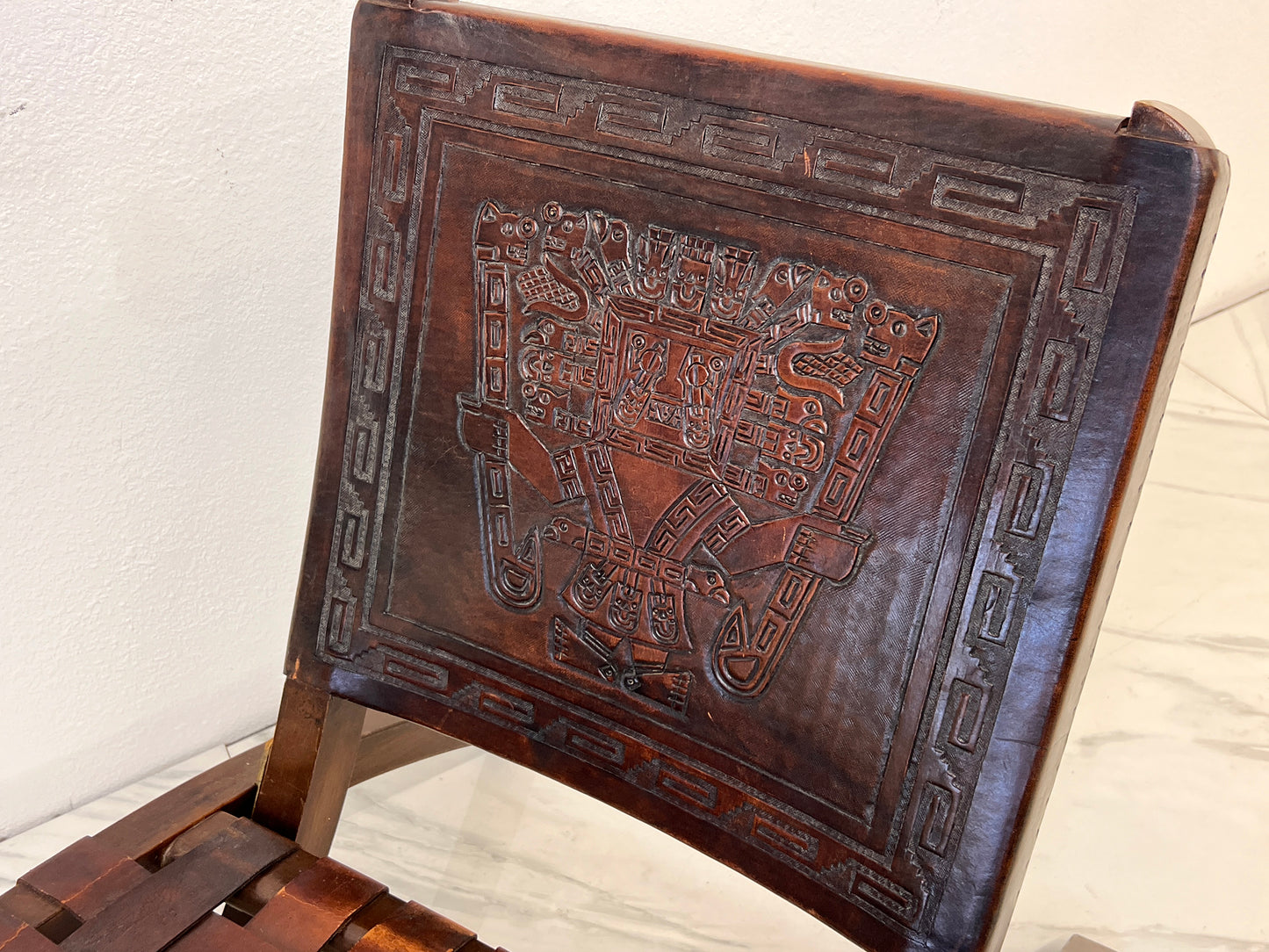 Angel Pazmiño "Butterfly" Folding Chair, Tooled Leather and Mahogany, 1960's