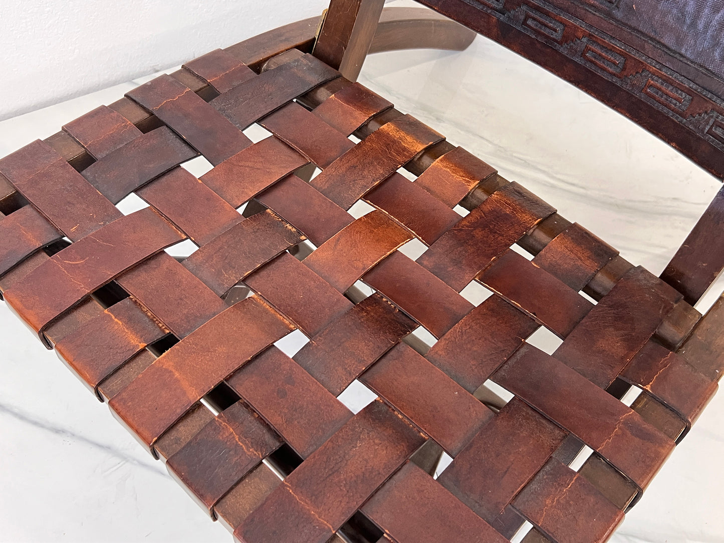 Angel Pazmiño "Butterfly" Folding Chair, Tooled Leather and Mahogany, 1960's