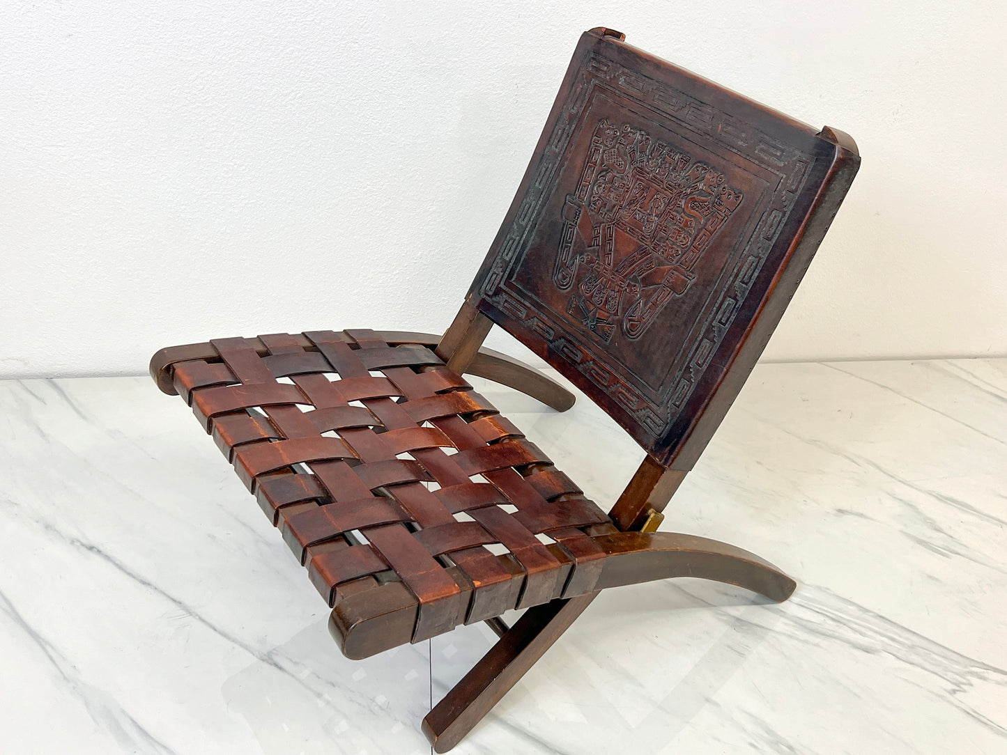 Angel Pazmiño "Butterfly" Folding Chair, Tooled Leather and Mahogany, 1960's