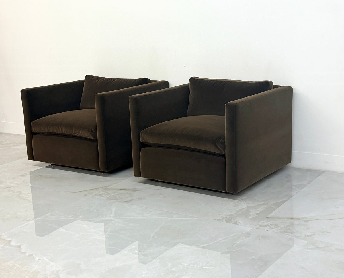 Knoll Charles Pfister Lounge Chairs, Chocolate Rohleder Velvet, A Pair