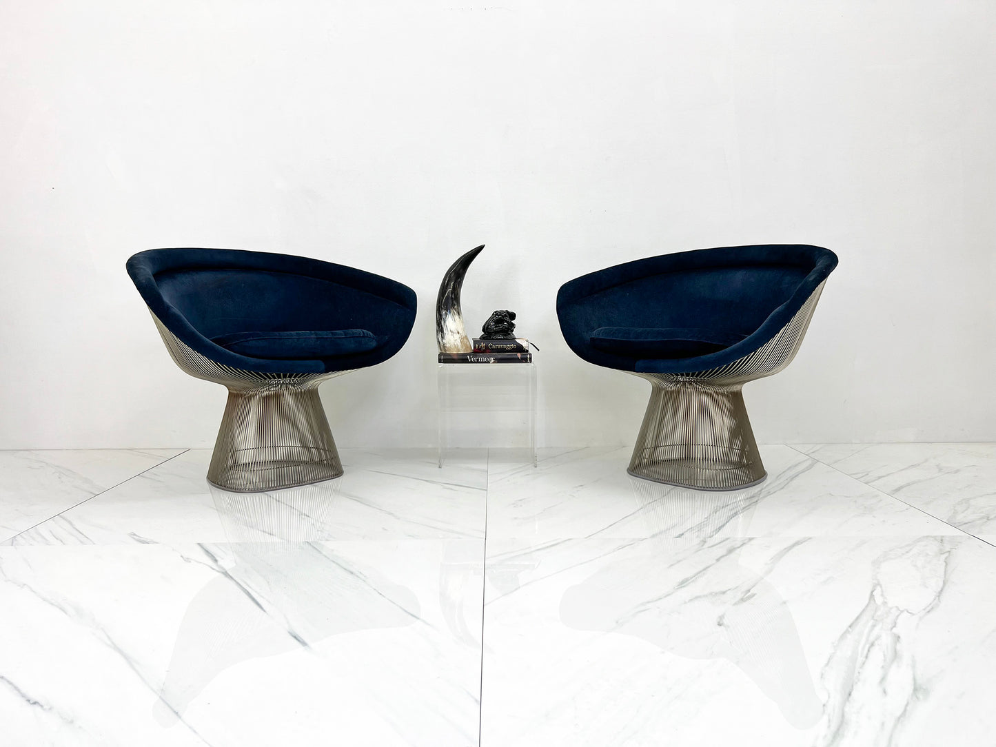 Warren Platner Lounge Chairs in Sapphire Velvet, A Pair (2 Pairs Available)