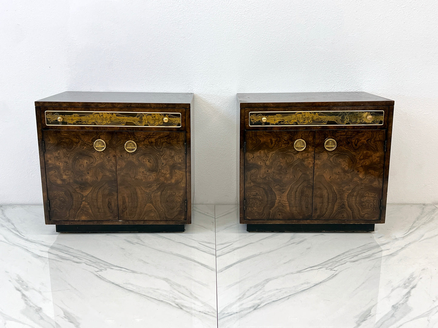 Bernhard Rohne Mastercraft Burl and Acid Etched Brass Nightstands, 1970's