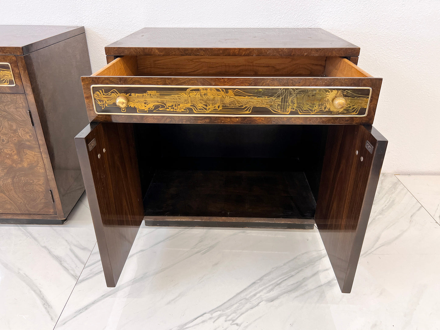 Bernhard Rohne Mastercraft Burl and Acid Etched Brass Nightstands, 1970's